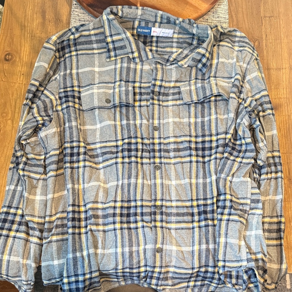 Old Navy Blue and Tan Plaid Shirt
